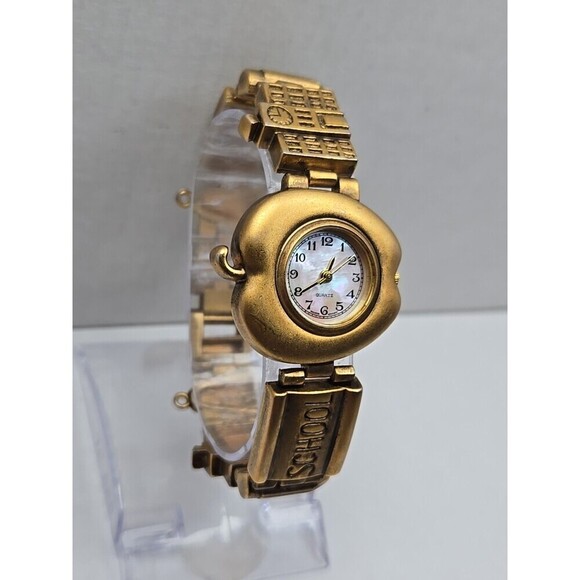 Teacher Apple Bracelet Watch Schoolhouse Charm Gold Tone Quartz New Battery Cute - Picture 3 of 10